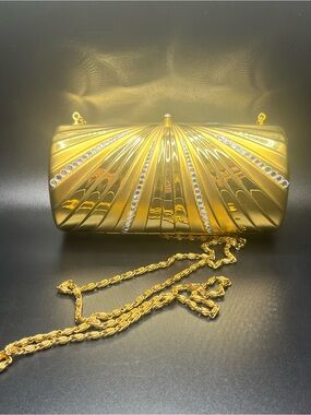 Vintage gold tone rhinestone evening clutch purse art deco style chain strap